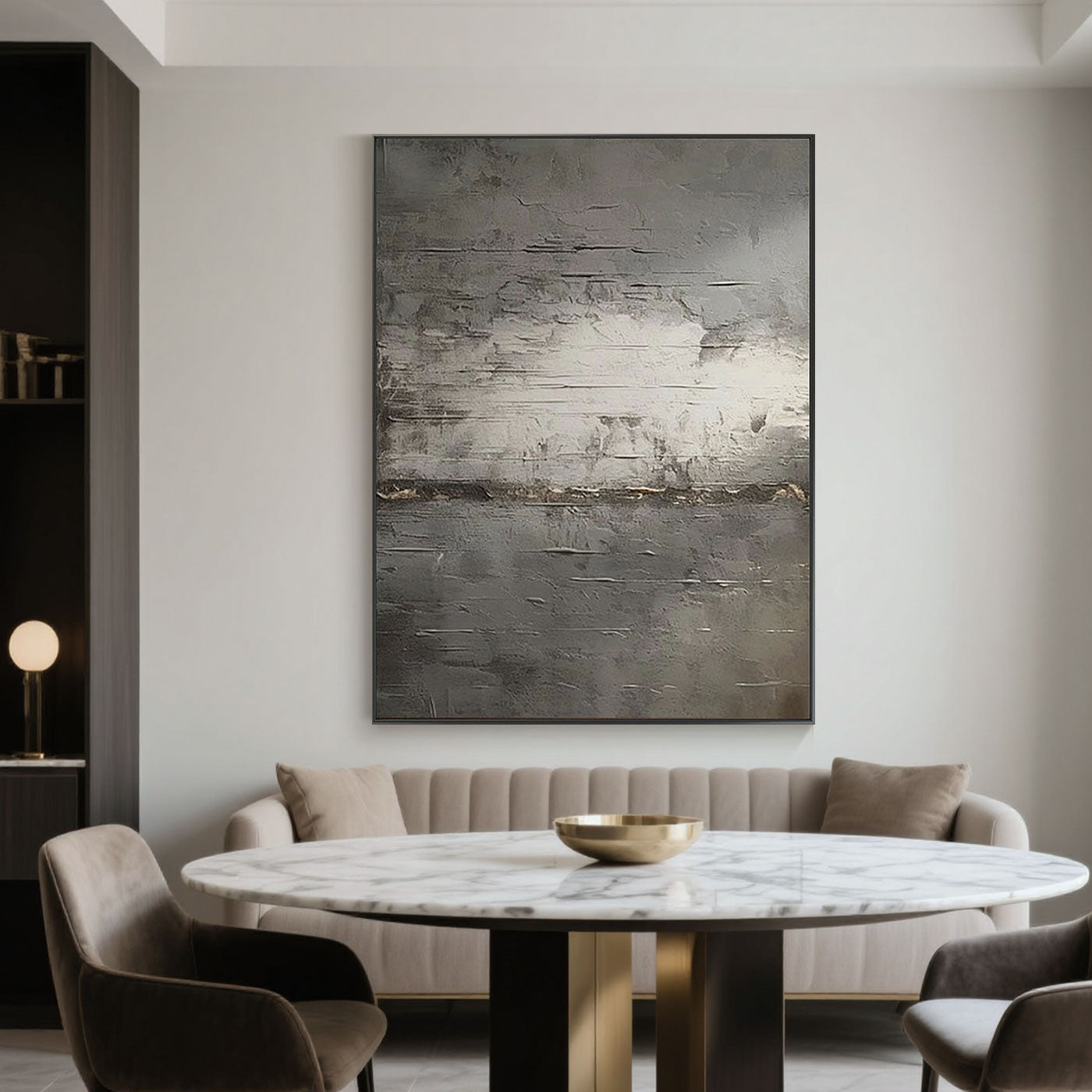 Abstract minimalist vintage hand-painted canvas art 'Drift of Light' by Lumi Gallery with textured gray tones in modern dining room