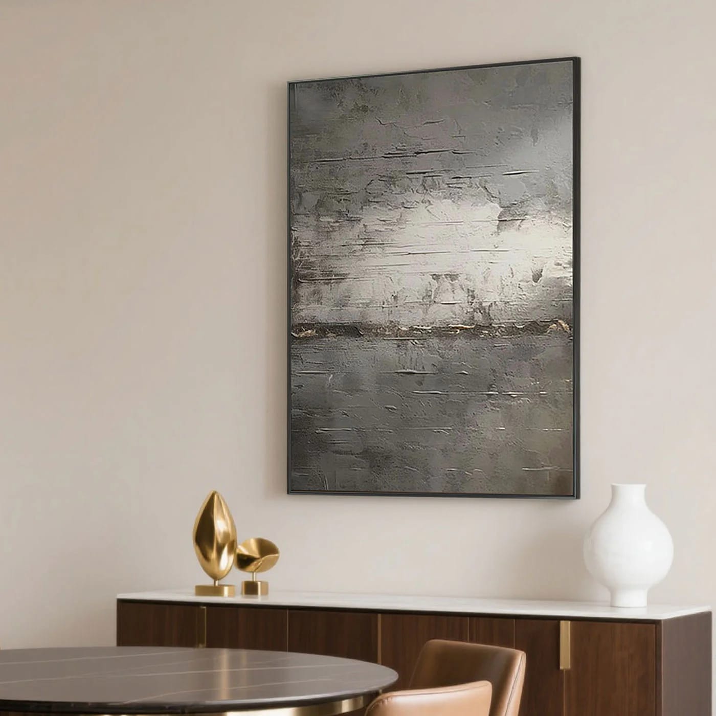 Abstract minimalist vintage 'Drift of Light' framed gray canvas painting in modern interior