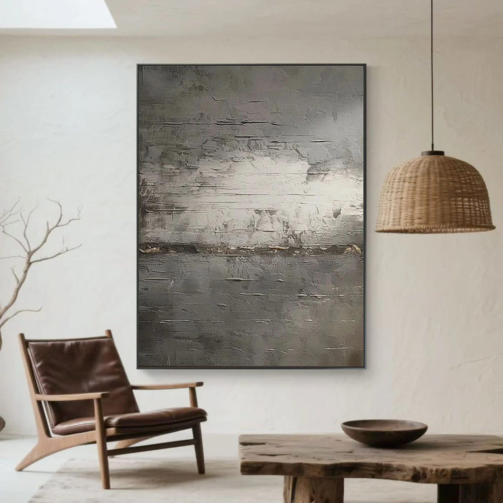 Abstract minimalist vintage art 'Drift of Light' - textured gray canvas painting in modern living room