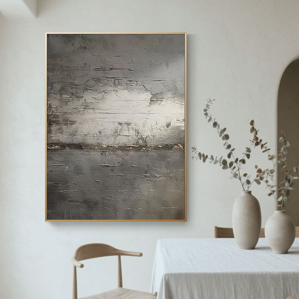 Abstract minimalist vintage canvas art 'Drift of Light' textured gray tones, gold frame, modern living room