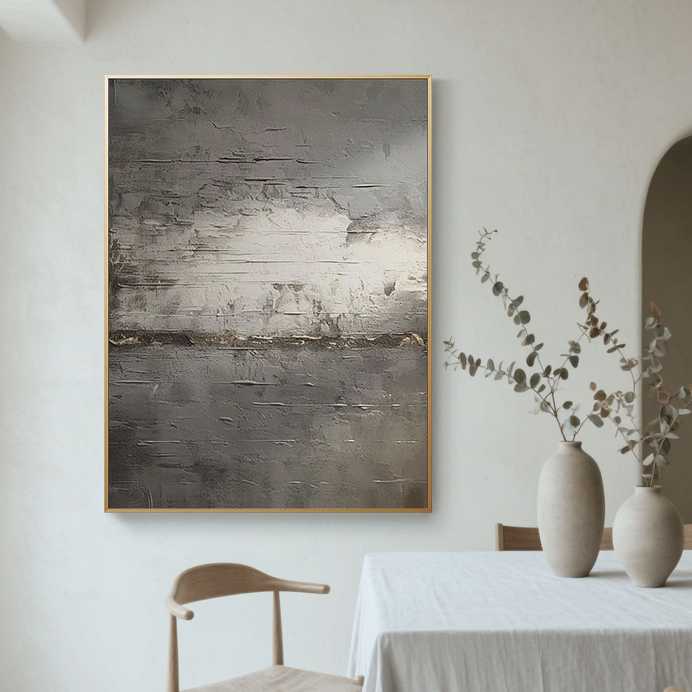 Abstract minimalist vintage canvas art 'Drift of Light' textured gray tones, gold frame, modern living room