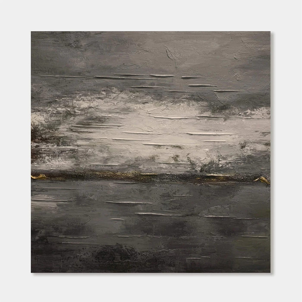 Abstract minimalist vintage wall art with textured gray canvas and gold accents by Lumi Gallery