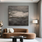 Hand-painted abstract minimalist vintage wall art with textured grays by Lumi Gallery in living room