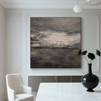 Abstract minimalist vintage hand-painted canvas wall art 'Still Veil' with textured details, neutral colors, in elegant living room