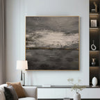 Abstract minimalist vintage wall art in gray tones, textured canvas painting withgold accents, framed in modern living room