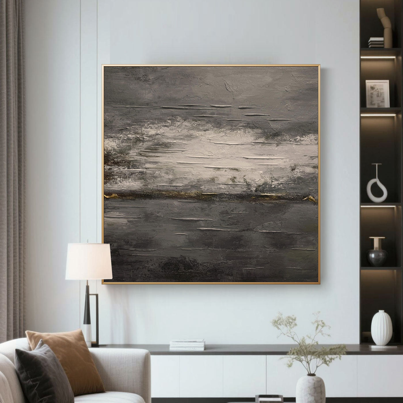 Abstract minimalist vintage wall art in gray tones, textured canvas painting withgold accents, framed in modern living room