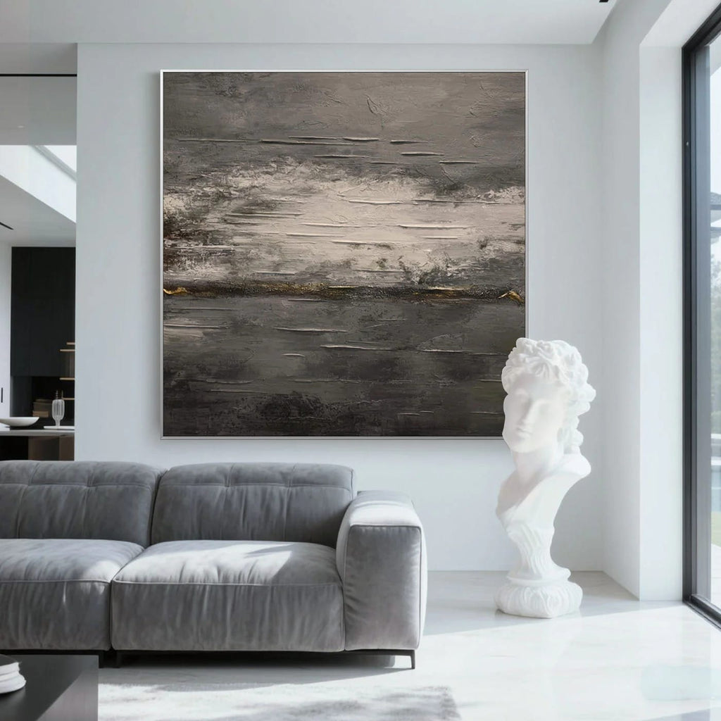 Abstract minimalist vintage canvas wall art with textured brushstrokes in earthy tones, modern living room