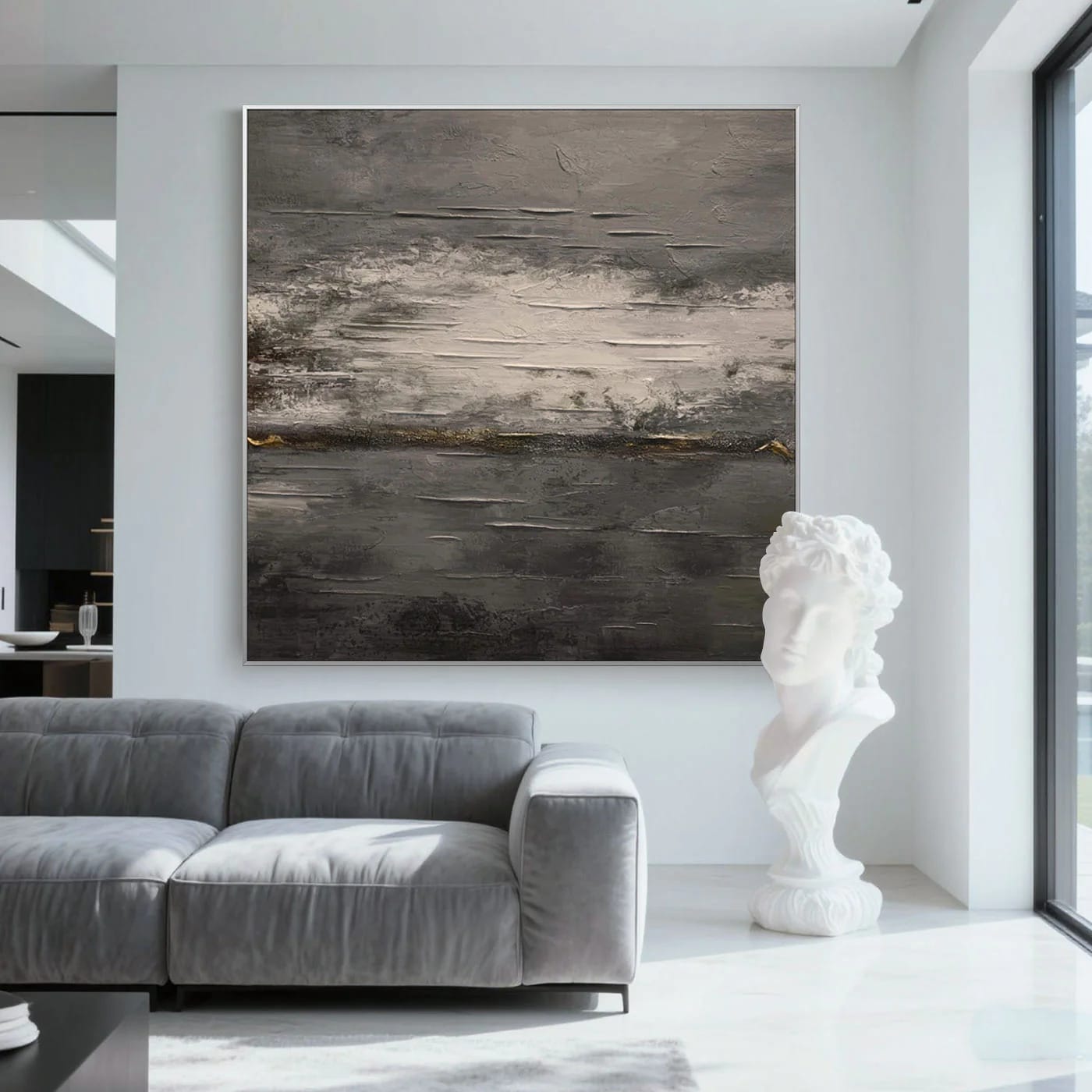 Abstract minimalist vintage canvas wall art with textured brushstrokes in earthy tones, modern living room