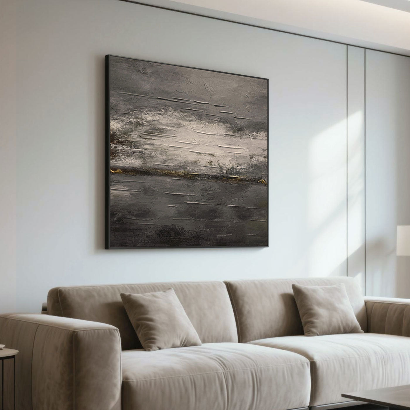 Abstract minimalist vintage wall art 'Still Veil' by Lumi Gallery with textured details above beige sofa
