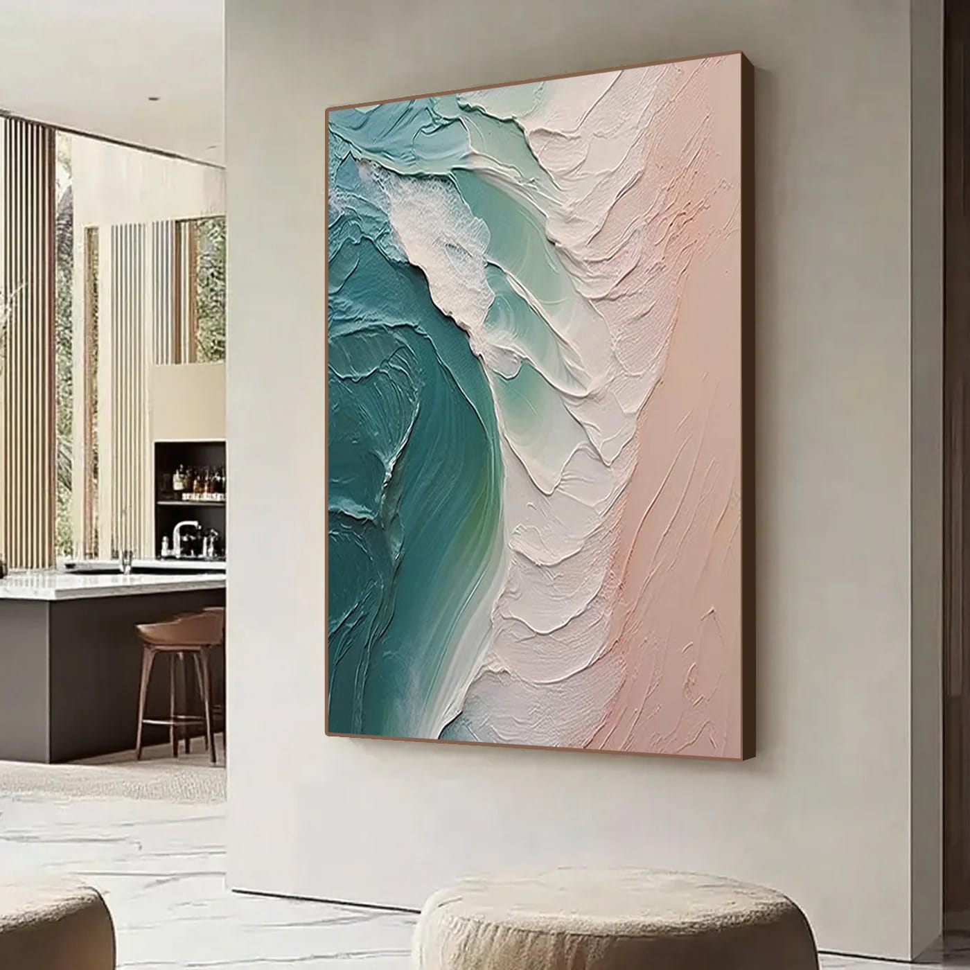 Large vertical abstract modern 3D textured coastal oil painting with teal, beige, and white warm tones, sculptural flowing im