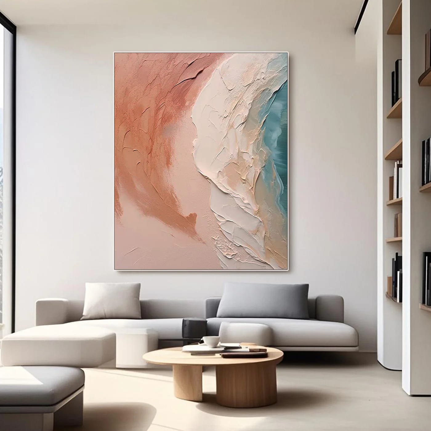Large vertical abstract modern 3D textured coastal oil painting with brown, blue, beige, and white warm tones, sculptural flo