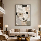 Textured abstract modern portrait canvas art 'Fragmented Calm' in neutral tones, displayed in contemporary living room.