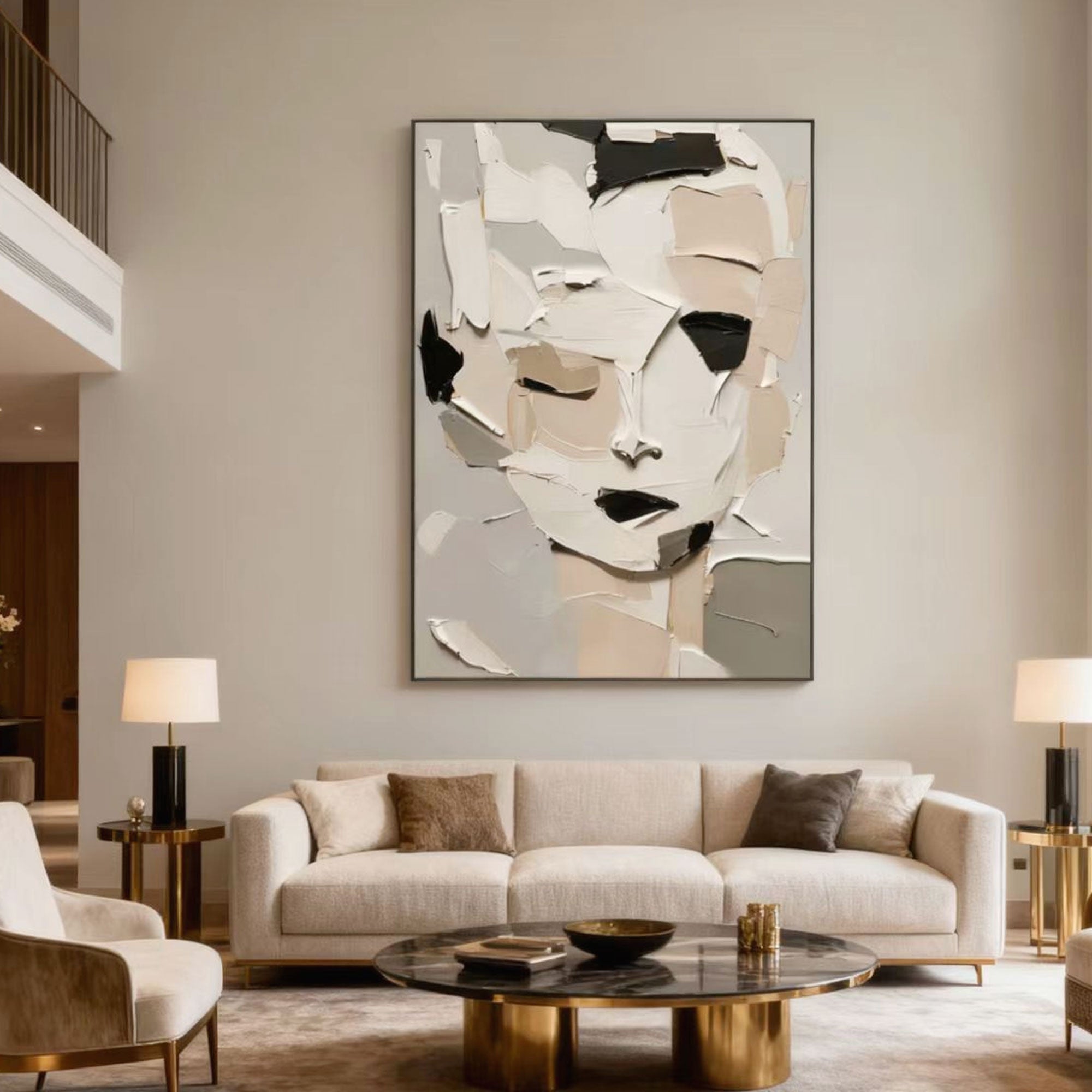 Textured abstract modern portrait canvas art 'Fragmented Calm' in neutral tones, displayed in contemporary living room.