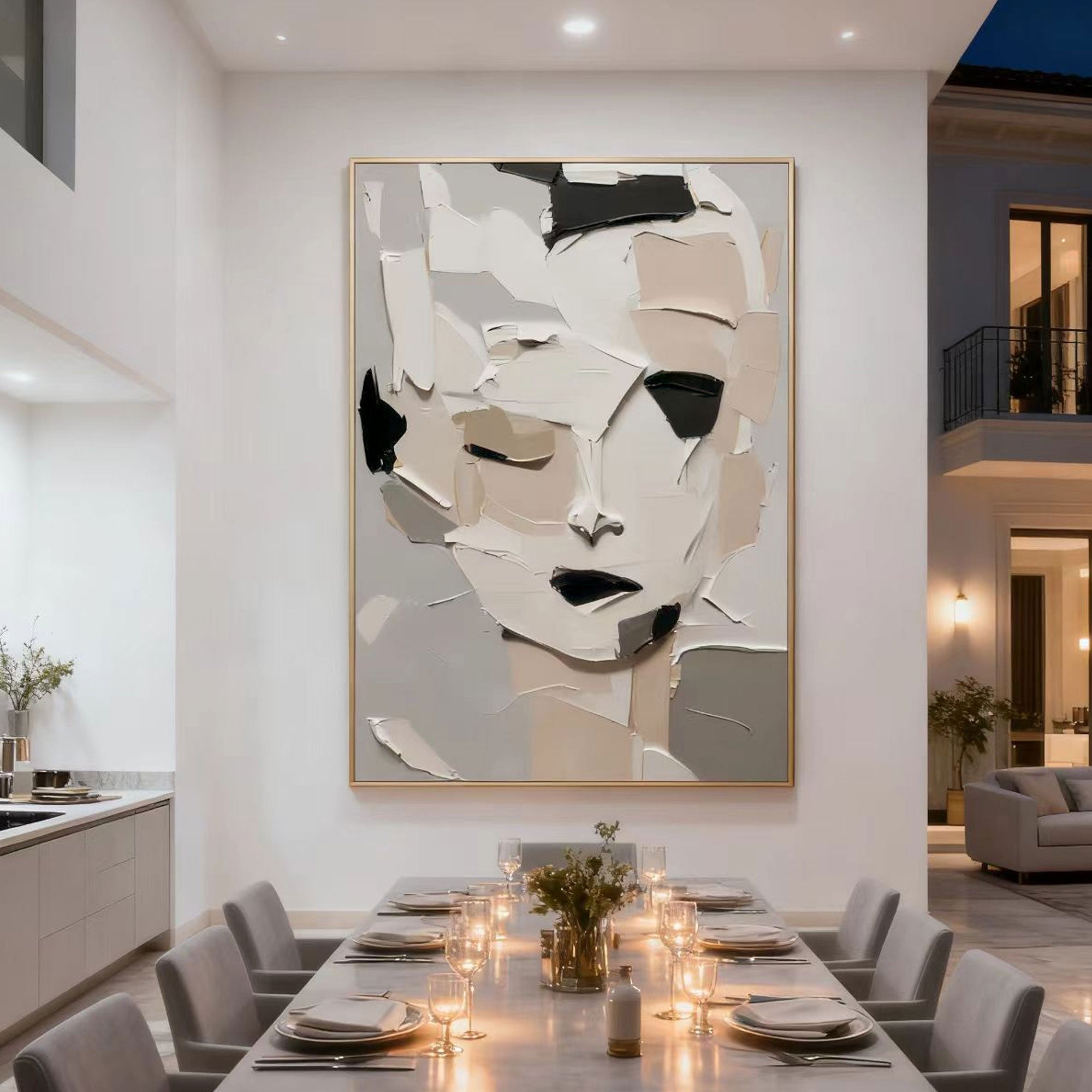 Hand-painted abstract modern portrait canvas art 'Fragmented Calm' by Lumi Gallery with neutral tones in dining room
