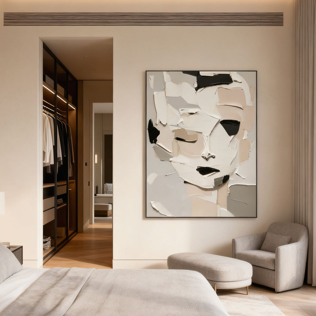 Abstract modern canvas art 'Fragmented Calm' by Lumi Gallery in bedroom