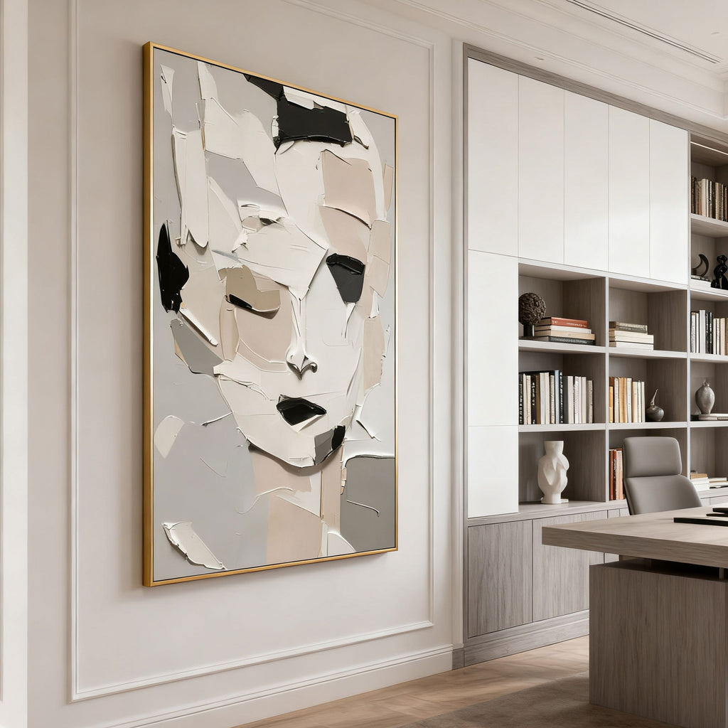 Abstract modern portrait canvas art with textured details, neutral tones, gold frame - Lumi Gallery office decor