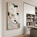 Abstract modern portrait canvas art with textured details, neutral tones, gold frame - Lumi Gallery office decor