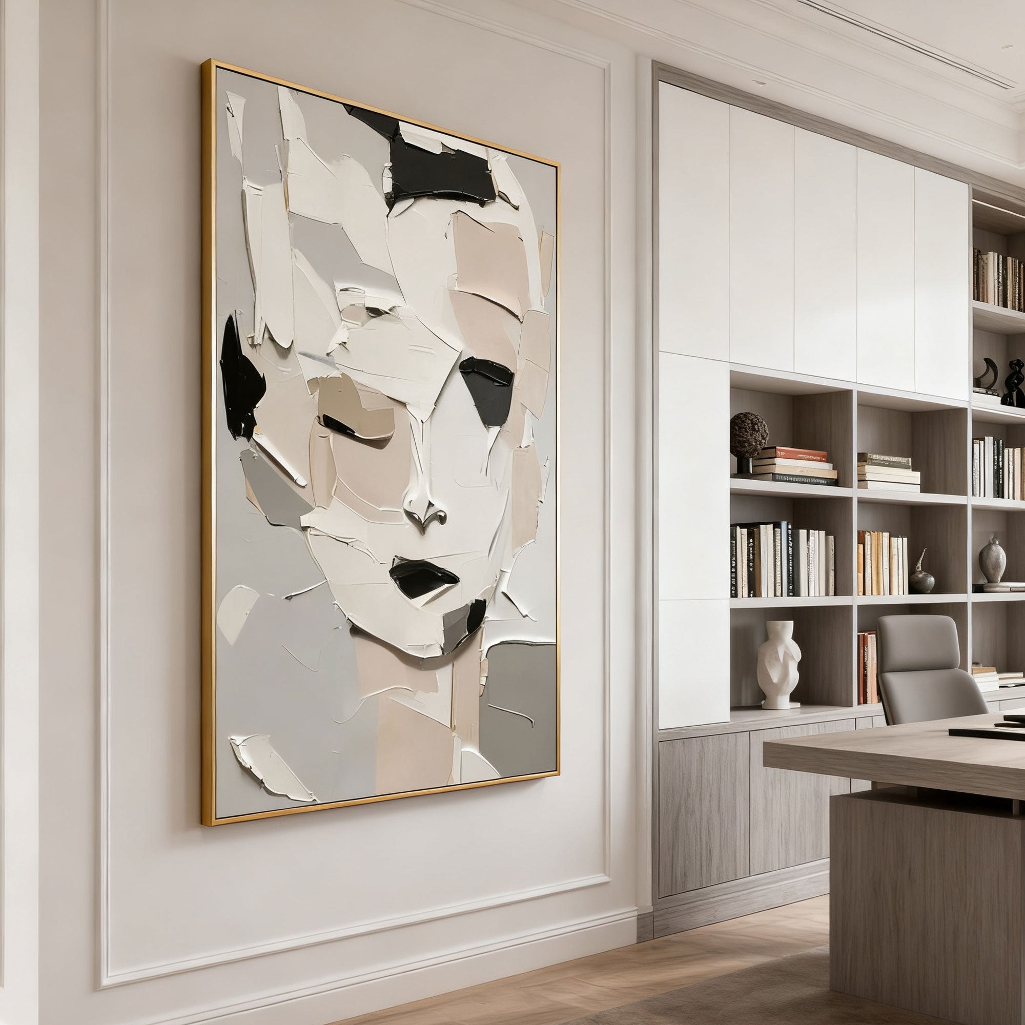 Abstract modern portrait canvas art with textured details, neutral tones, gold frame - Lumi Gallery office decor
