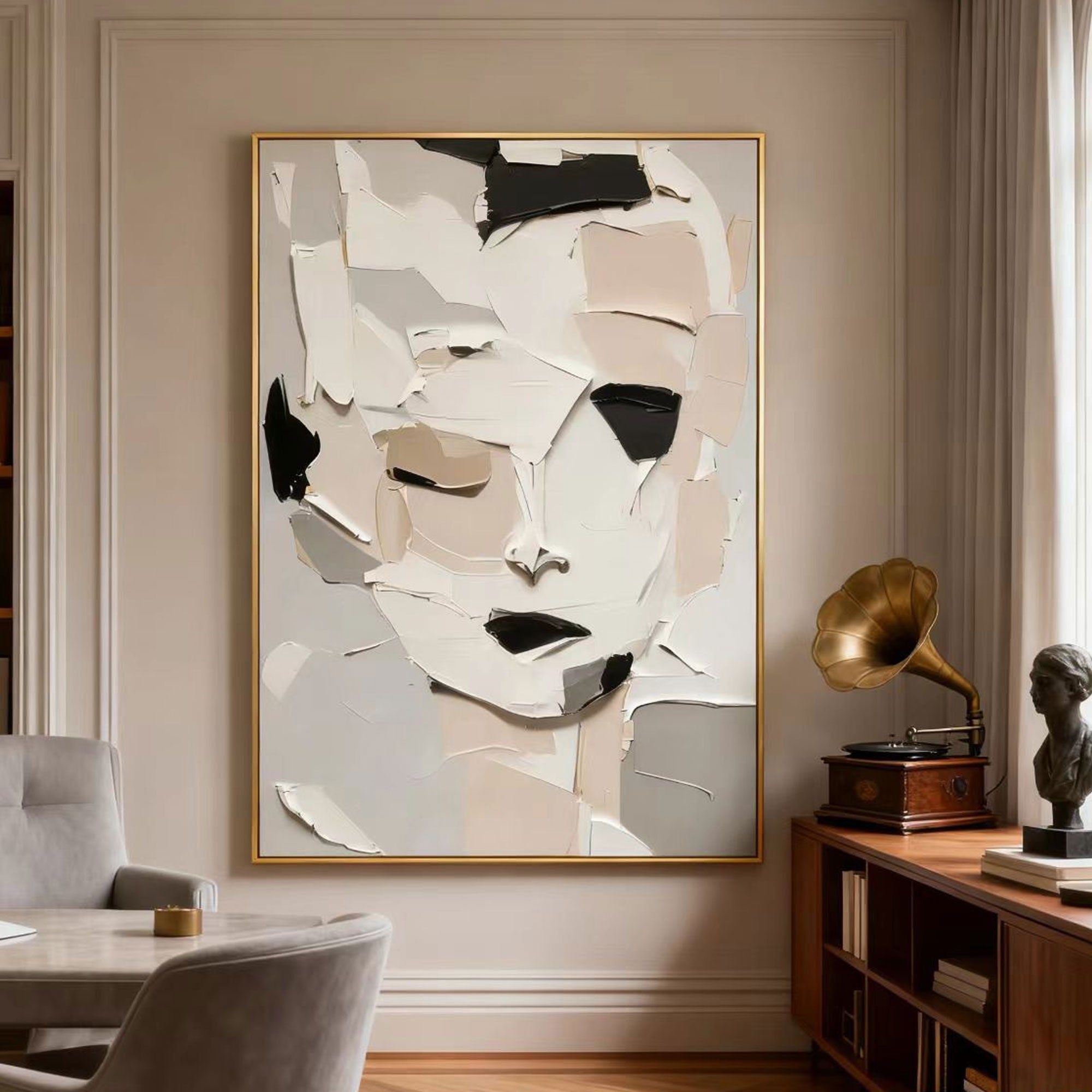 Abstract modern portrait canvas art with fragmented style, neutral tones, gold frame in stylish living room