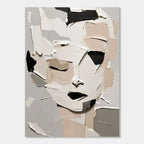 Hand-painted abstract modern portrait canvas art with fragmented shapes, thick textured brushstrokes in white, beige, gray, and black, titled 'Fragmented Calm