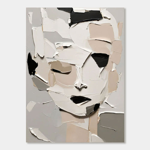 Hand-painted abstract modern portrait canvas art with fragmented shapes, thick textured brushstrokes in white, beige, gray, and black, titled 'Fragmented Calm