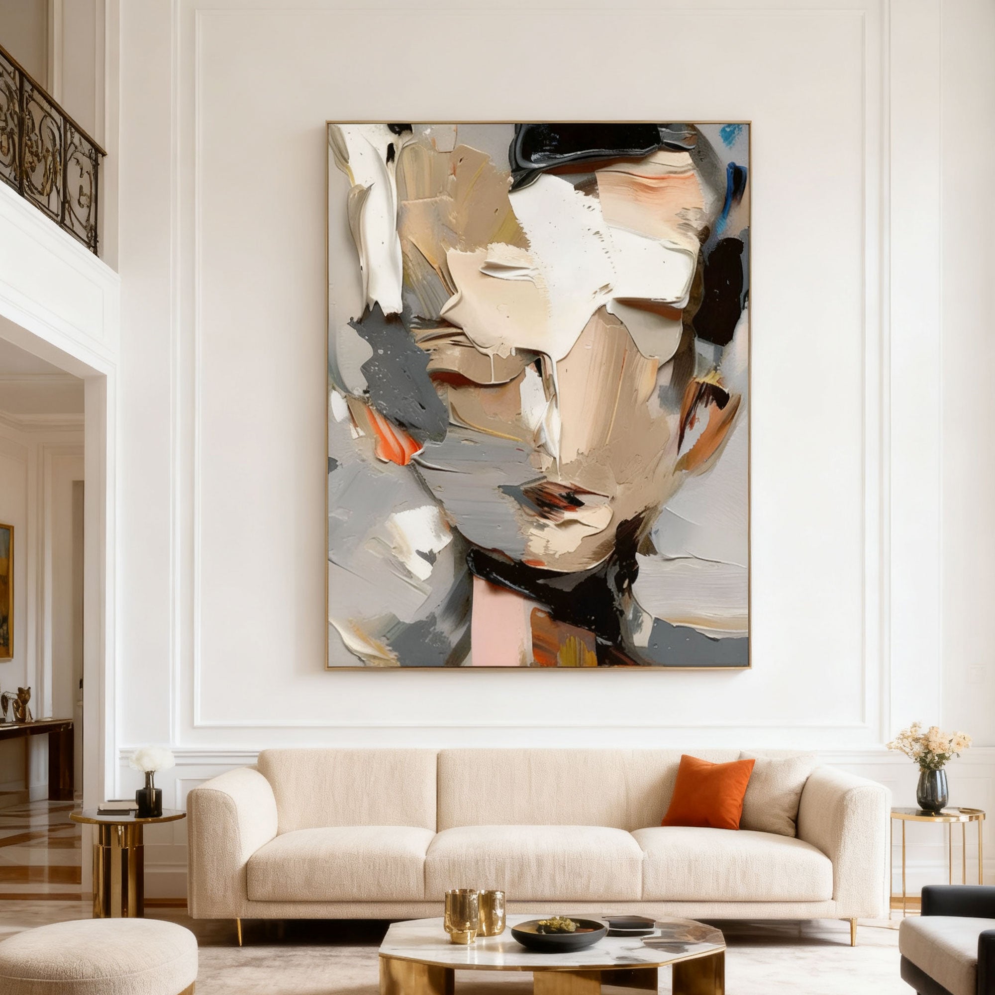 Abstract modern portrait canvas art 'Veiled Presence' with textured brushstrokes in beige, gray, black, white, and orange, displayed in a contemporary living room with cream sofa and marble coffee table.