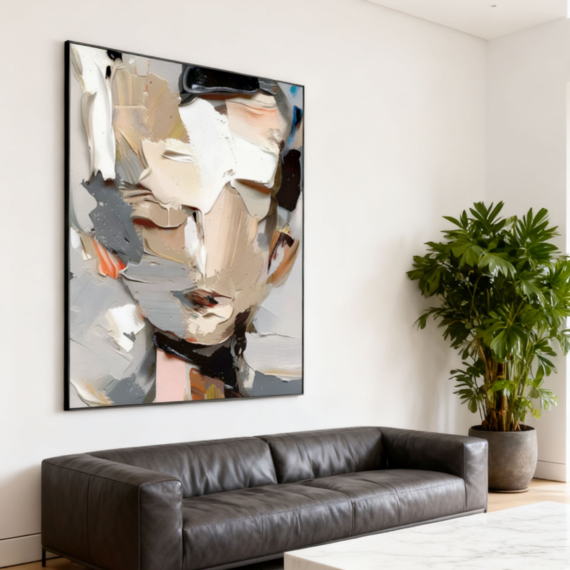 Lumi Gallery abstract modern portrait canvas art with textured brushstrokes in neutral tones, displayed in contemporary living room
