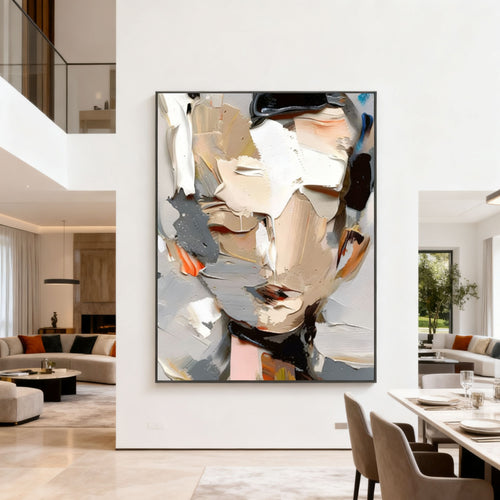 Abstract modern portrait canvas art 'Veiled Presence' by Lumi Gallery, hand-painted textured wall art in neutral tones with free shipping