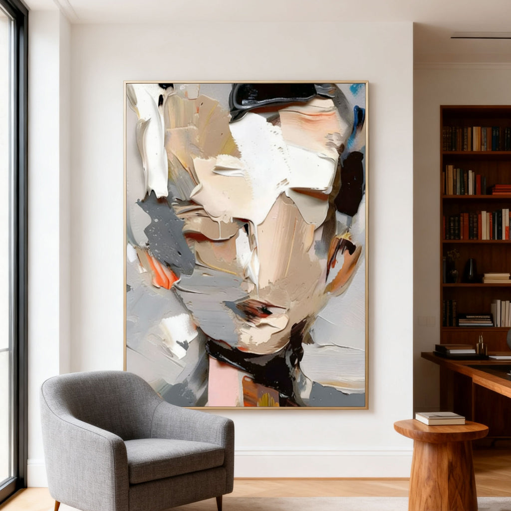 Lumi Gallery's abstract modern portrait canvas art 'Veiled Presence' with textured brushstrokes, neutral tones, framed, in contemporary living room