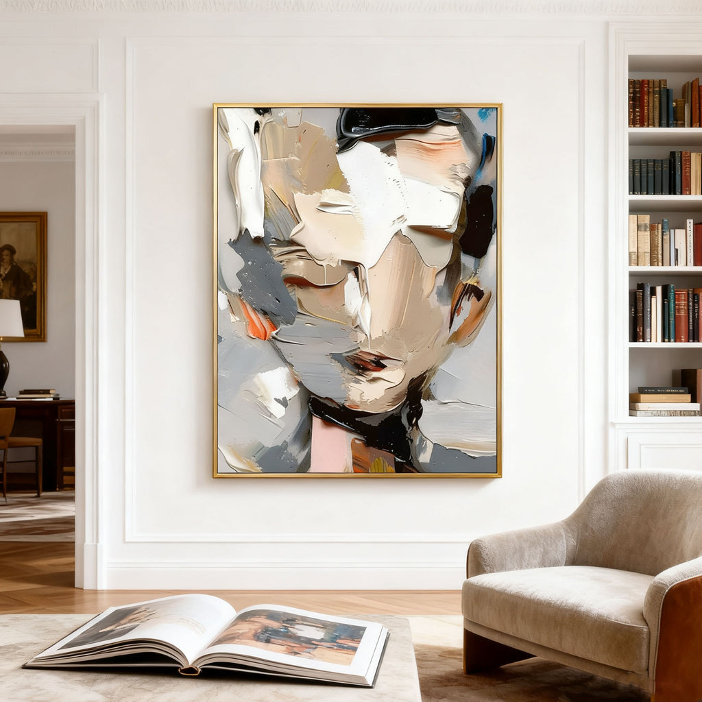 Abstract modern portrait canvas art 'Veiled Presence' with textured, layered brushstrokes in beige, gray, white, black, and subtle orange/blue, framed in gold, displayed in a living room with bookshelf and armchair.
