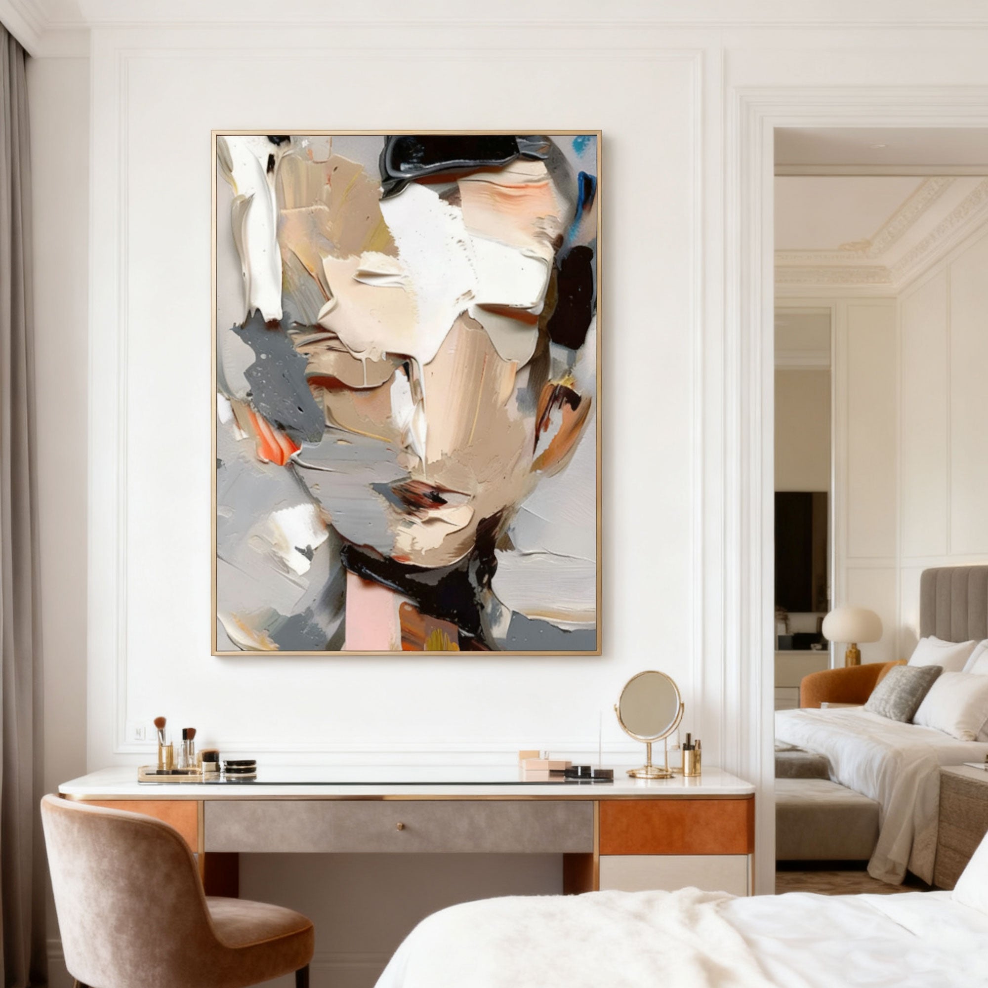 Lumi Gallery hand-painted abstract modern portrait canvas art with textured brushstrokes, neutral colors, in bedroom