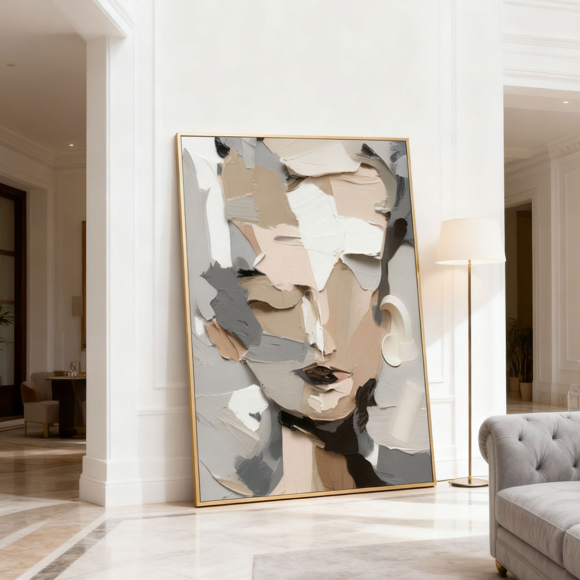 Neutral abstract modern portrait wall art with textured brushstrokes in gold frame by Lumi Gallery