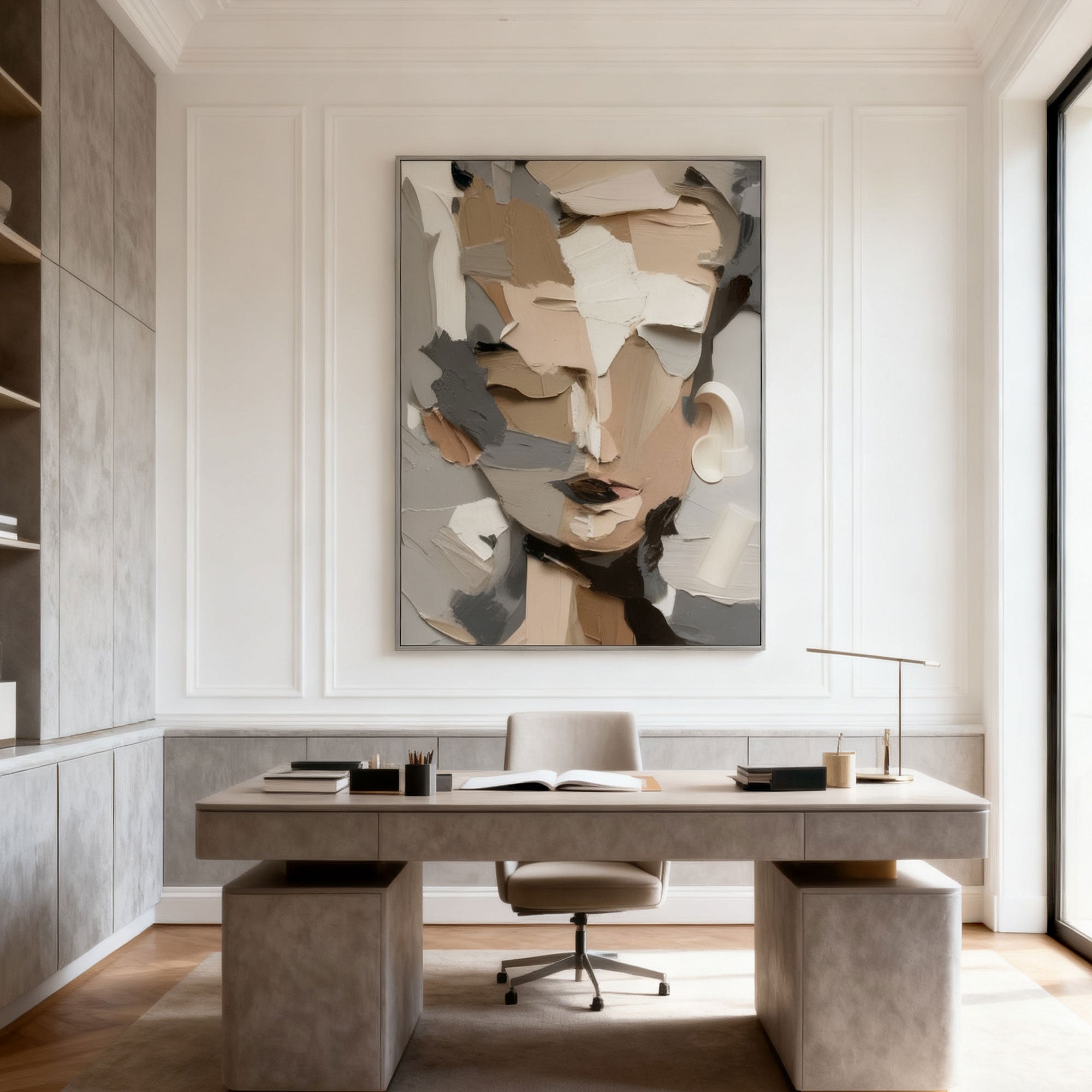 Textured neutral abstract canvas portrait in modern office at Lumi Gallery