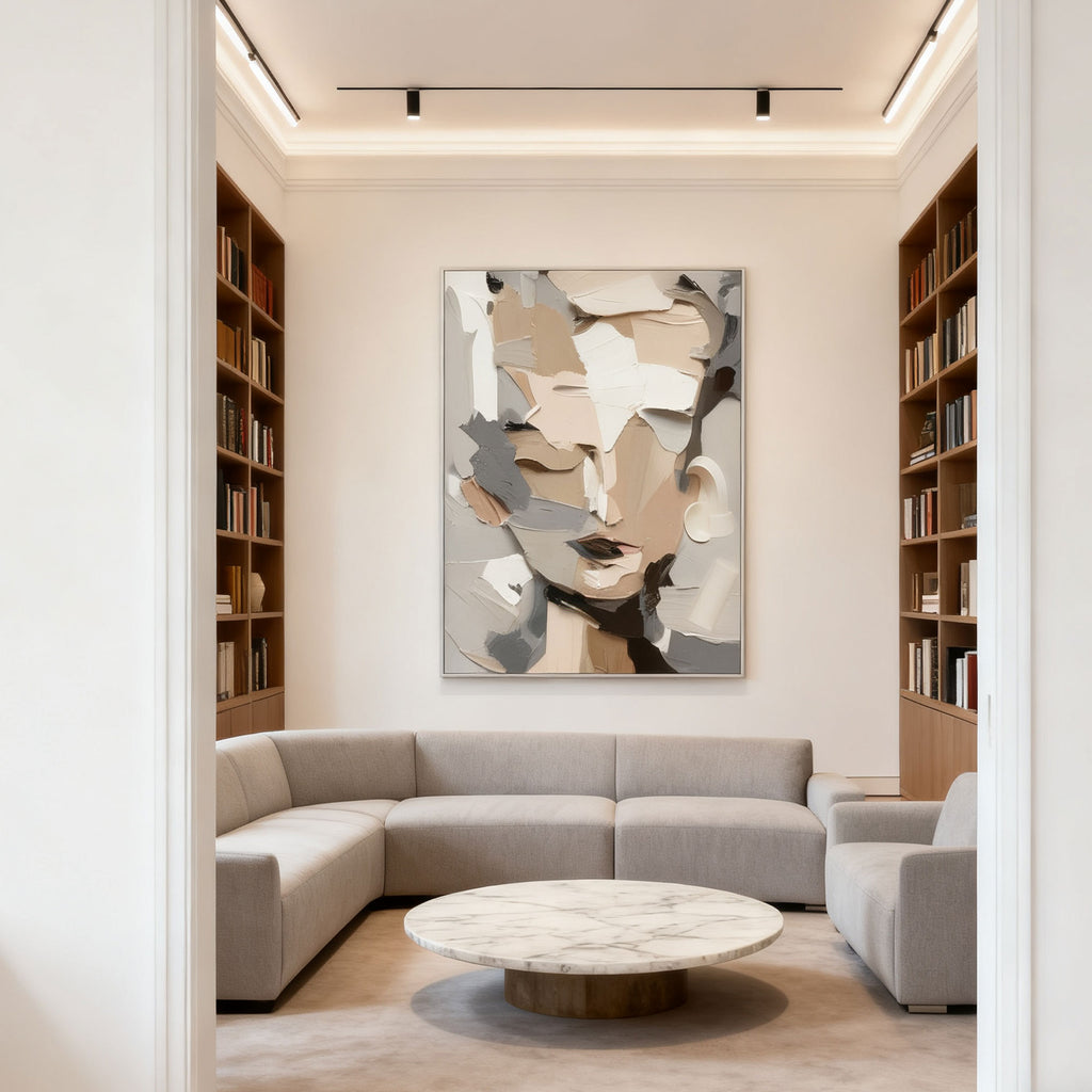 Neutral abstract hand-painted wall art in modern living room with gray sofa