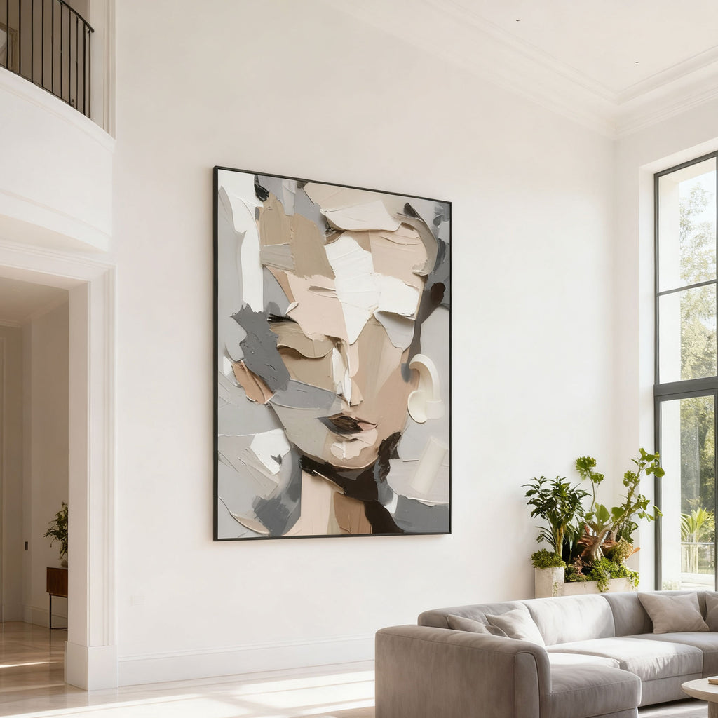 Neutral-toned abstract modern portrait wall art with textured details, framed canvas in bright living room at Lumi Gallery