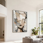 Neutral-toned abstract modern portrait wall art with textured details, framed canvas in bright living room at Lumi Gallery