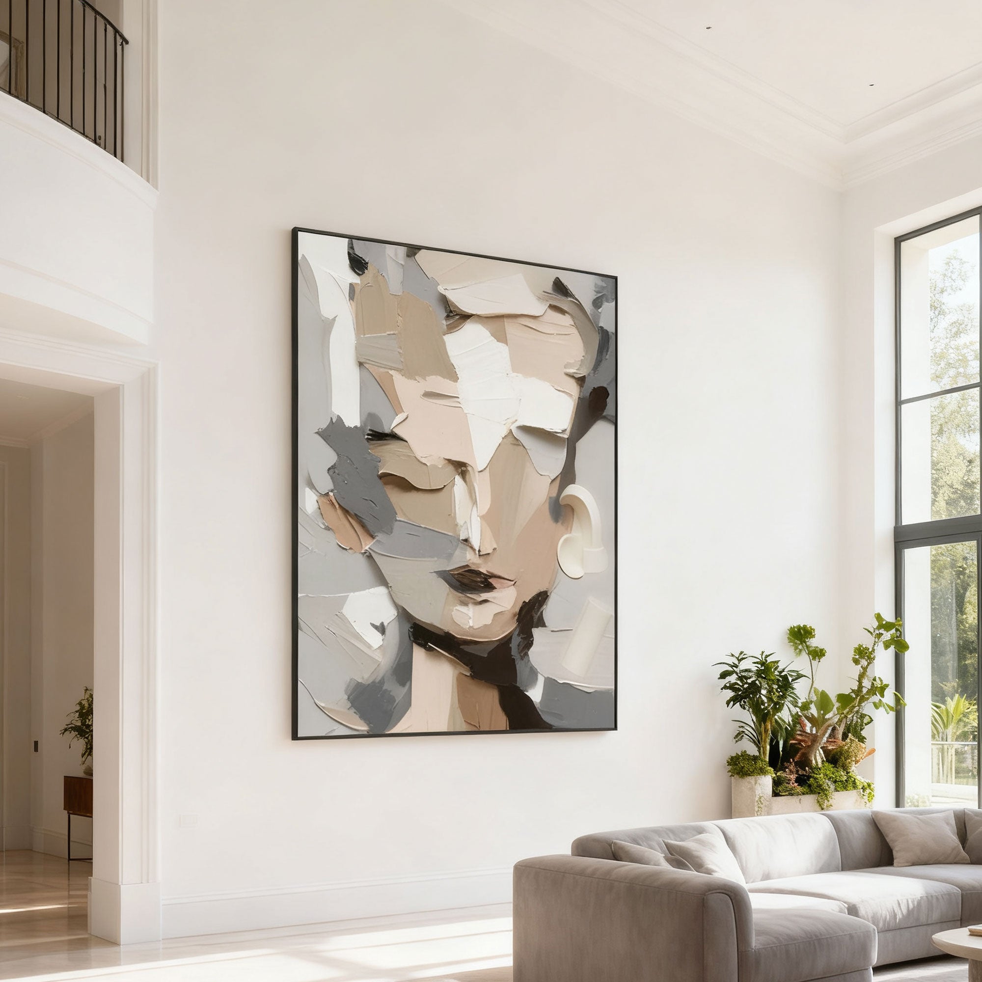 Neutral-toned abstract modern portrait wall art with textured details, framed canvas in bright living room at Lumi Gallery