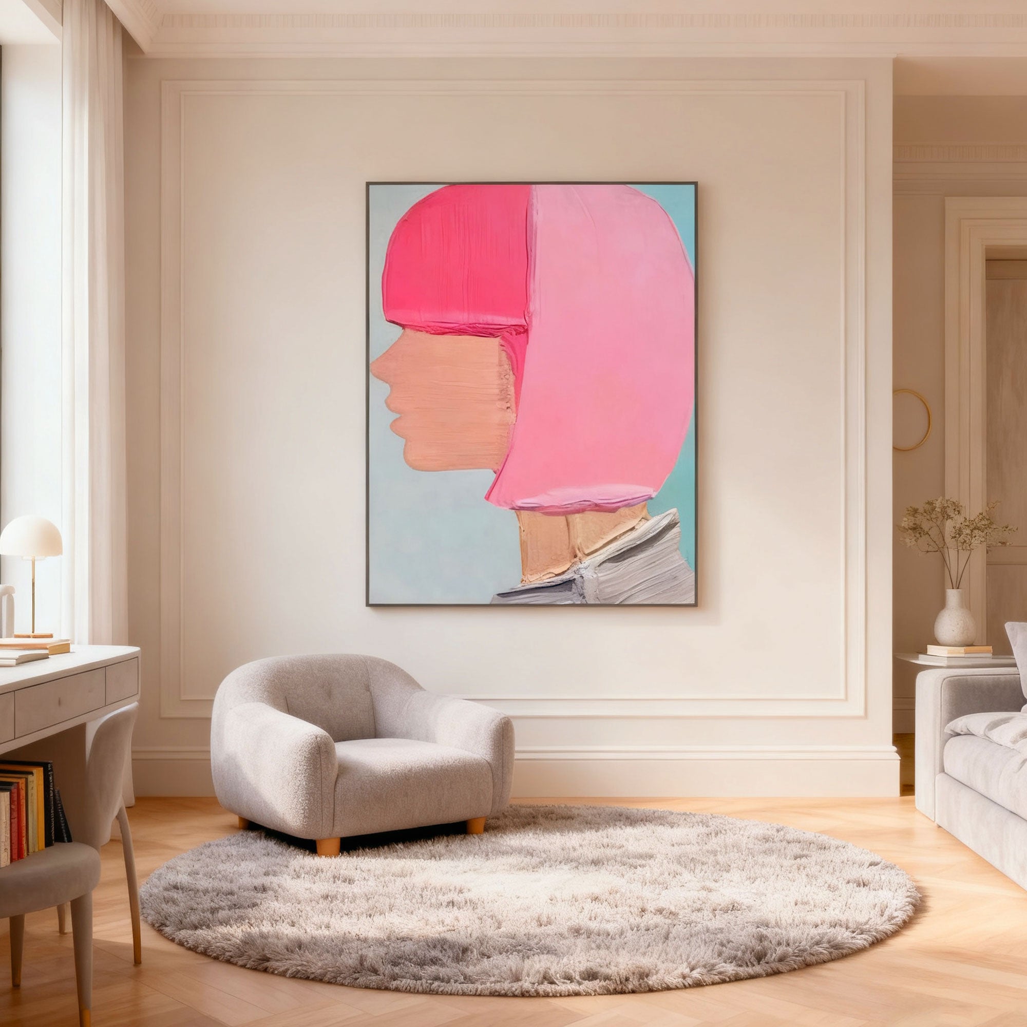 Abstract modern portrait wall art with vibrant pink/blue colors in elegant living room