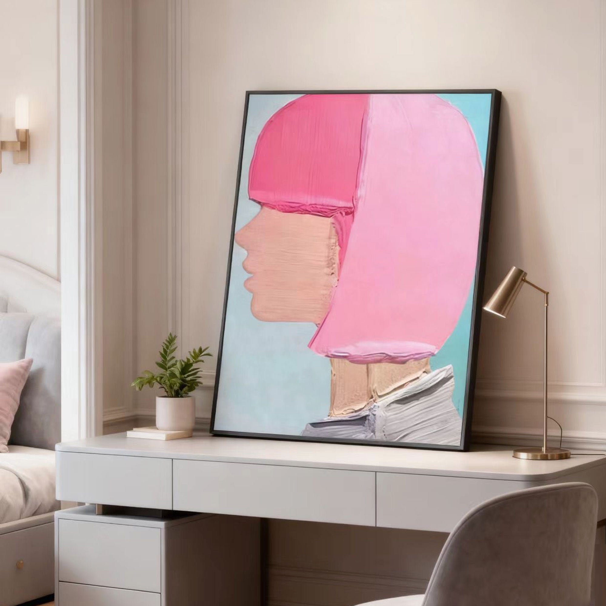 Abstract Modern Portrait Wall Art - Soft Profile: Hand-painted canvas with pink-haired profile, light blue background, and textured brushstrokes, displayed on white desk in bedroom.