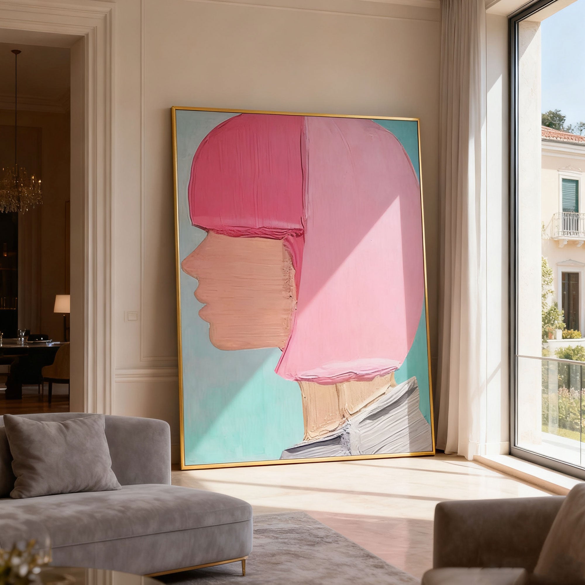 Abstract modern portrait wall art with pink profile, teal background, gold frame in elegant living room