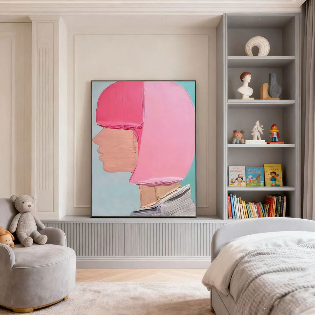 Abstract modern hand-painted portrait wall art with pink profile in child's room