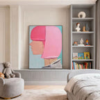 Abstract modern hand-painted portrait wall art with pink profile in child's room