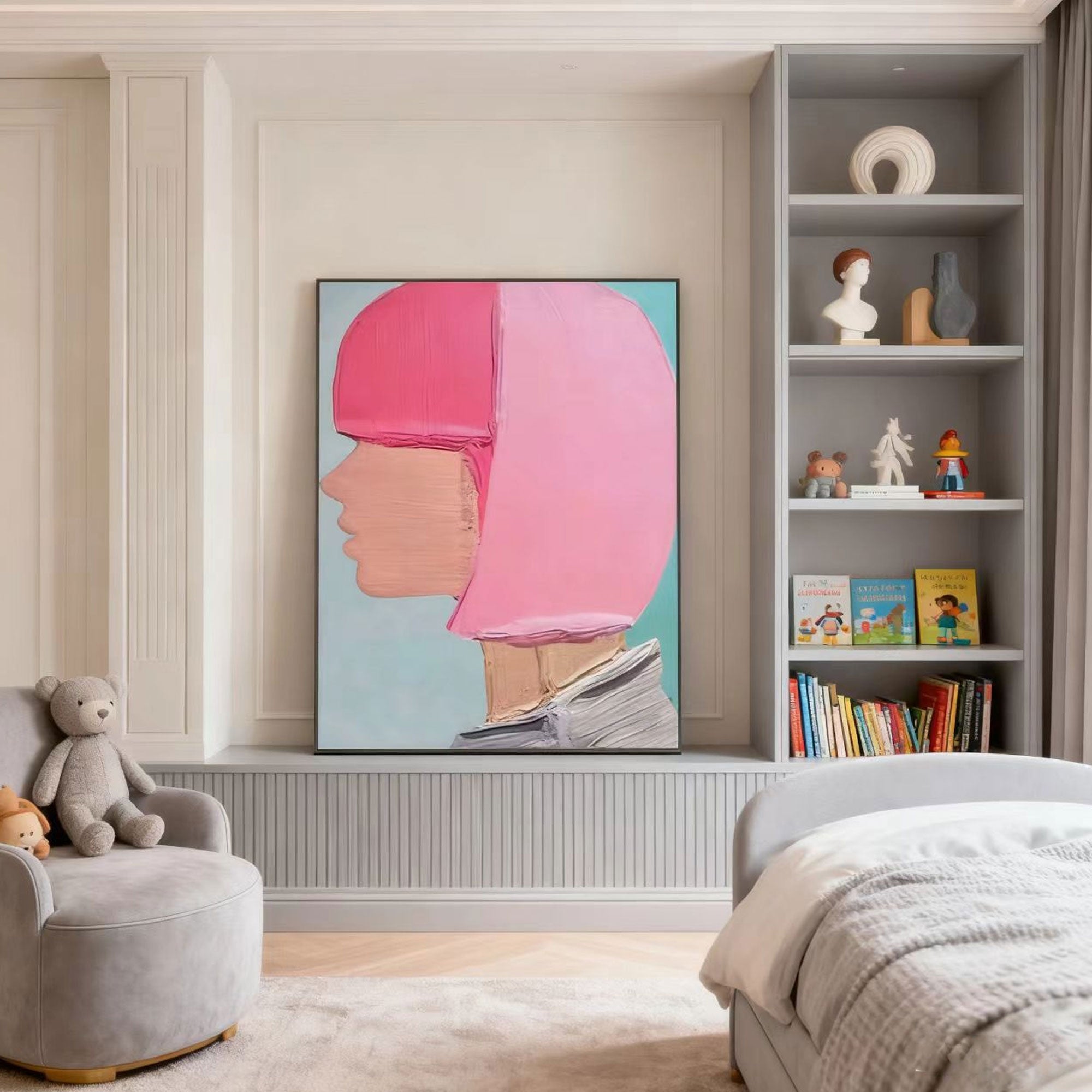 Abstract modern hand-painted portrait wall art with pink profile in child's room