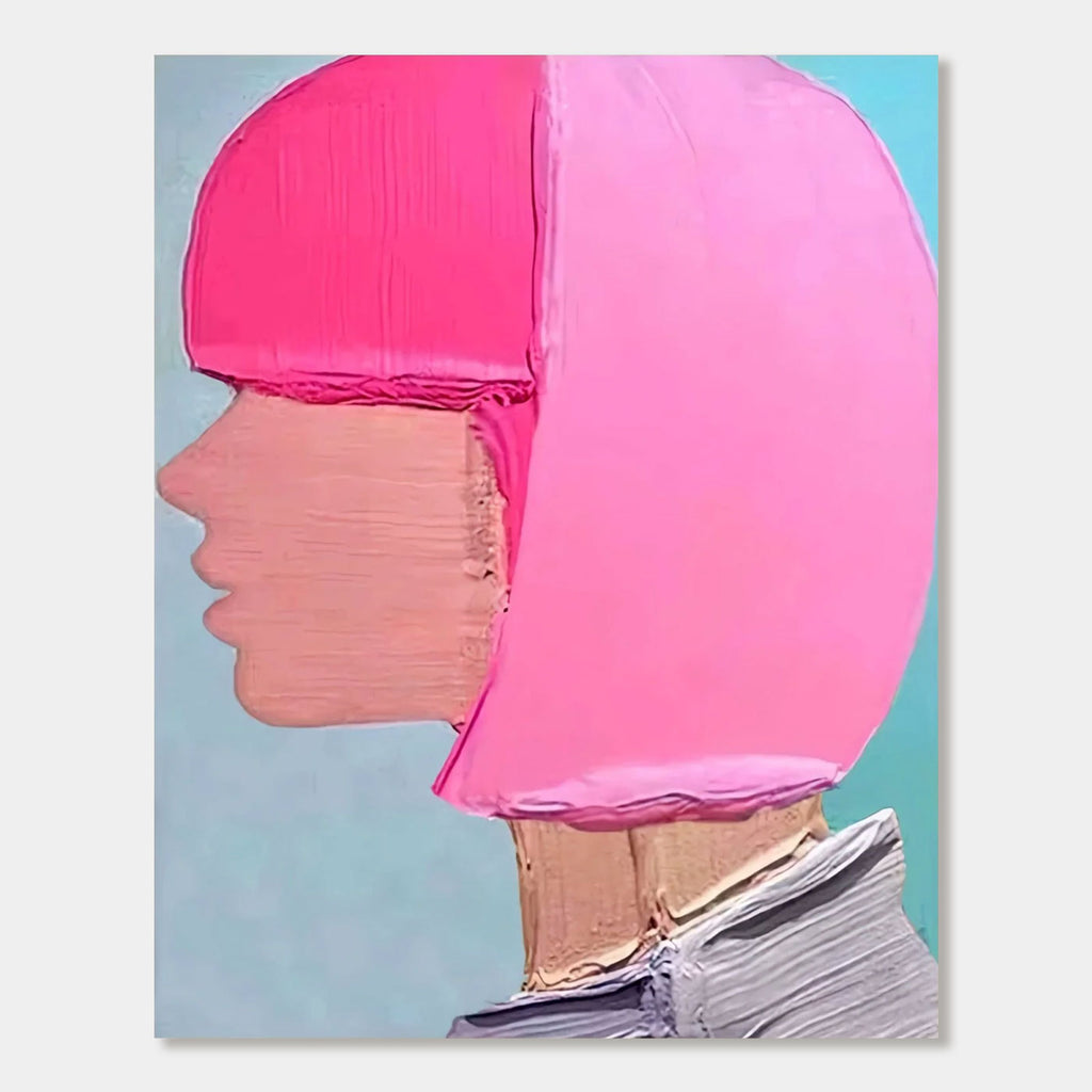 Abstract modern portrait wall art 'Soft Profile' with pink bob cut, textured canvas, blue background by Lumi Gallery