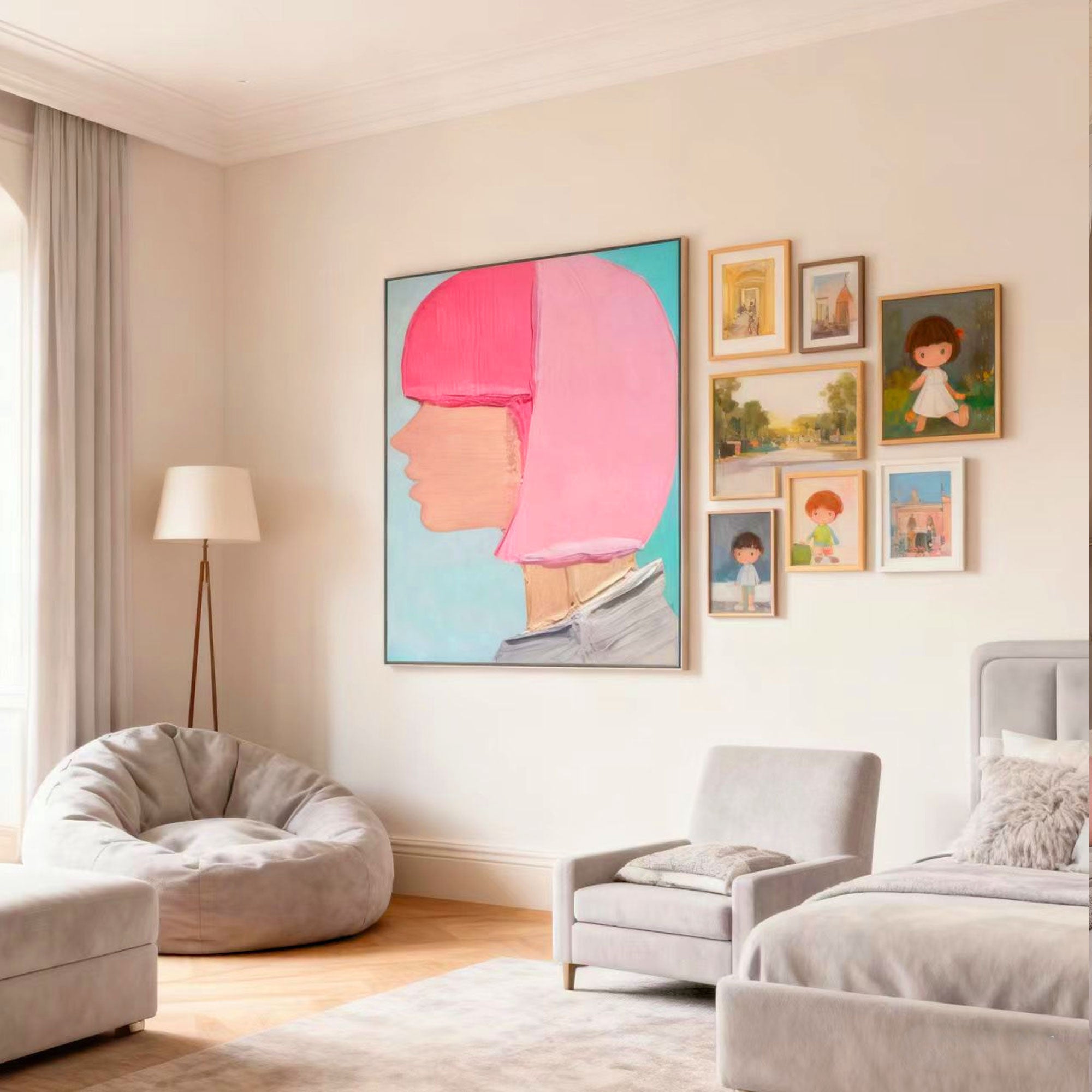 Lumi Gallery's abstract modern portrait wall art with bright pink bobbed hairstyle on turquoise canvas in cozy bedroom