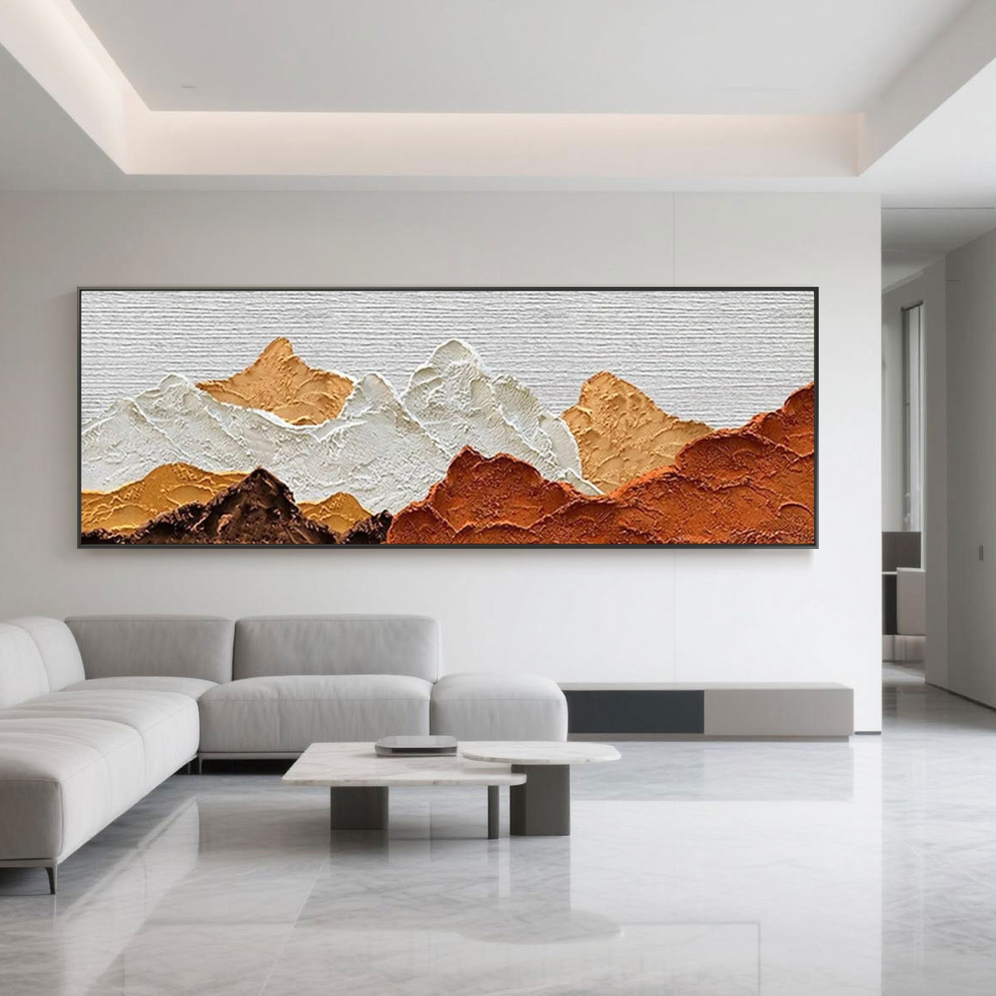 Modern living room featuring the Terra Peaks abstract mountain textured wall art.