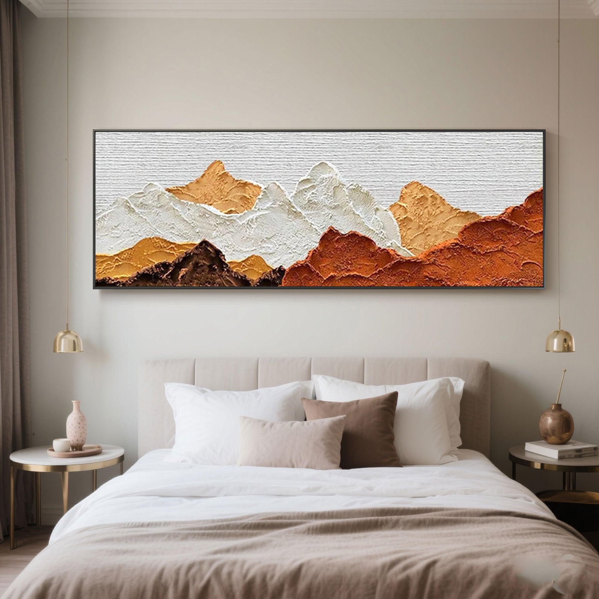 Horizontal earthy tone landscape painting with a textured mountain range.