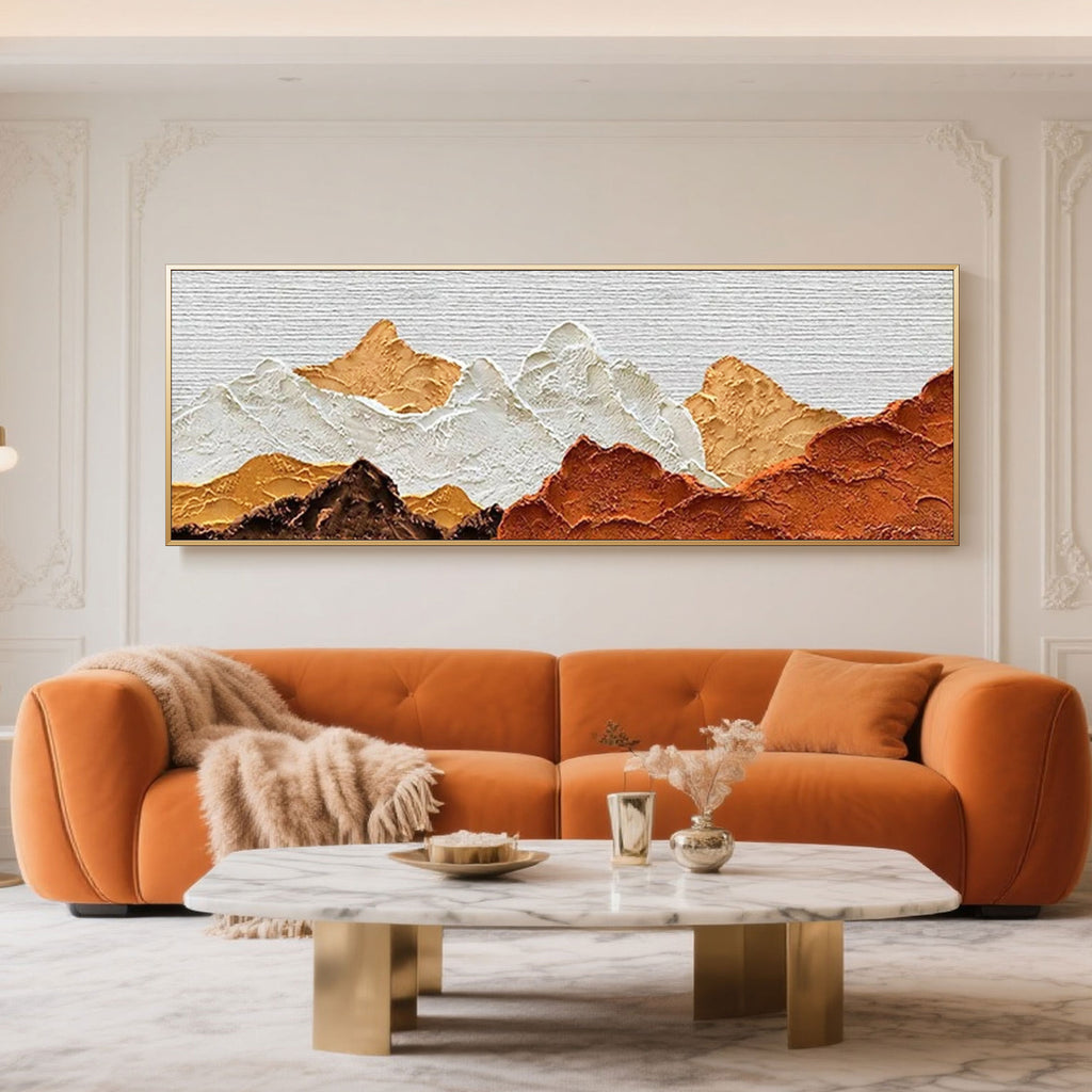 Rustic abstract canvas art displayed above a living room sofa.