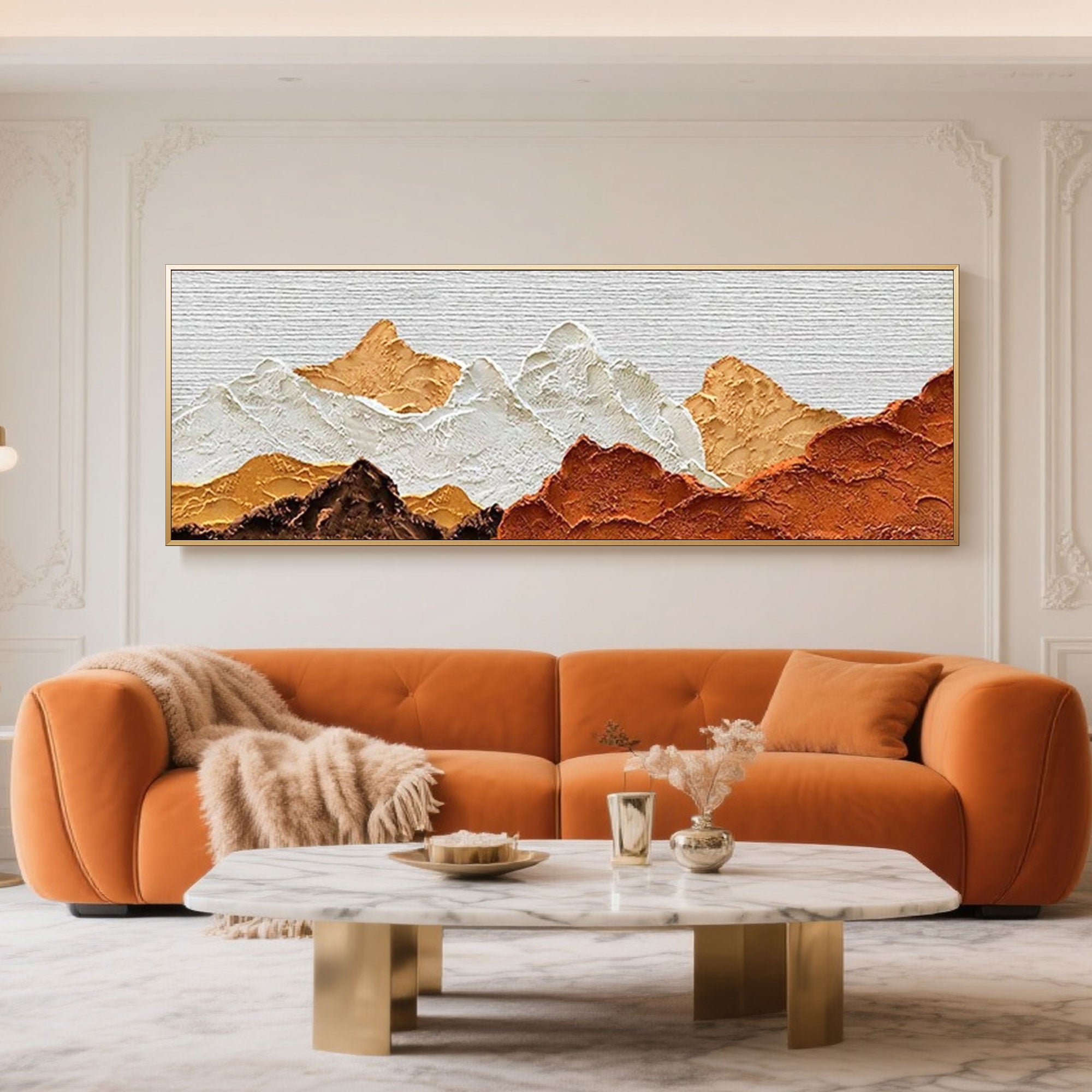 Rustic abstract canvas art displayed above a living room sofa.