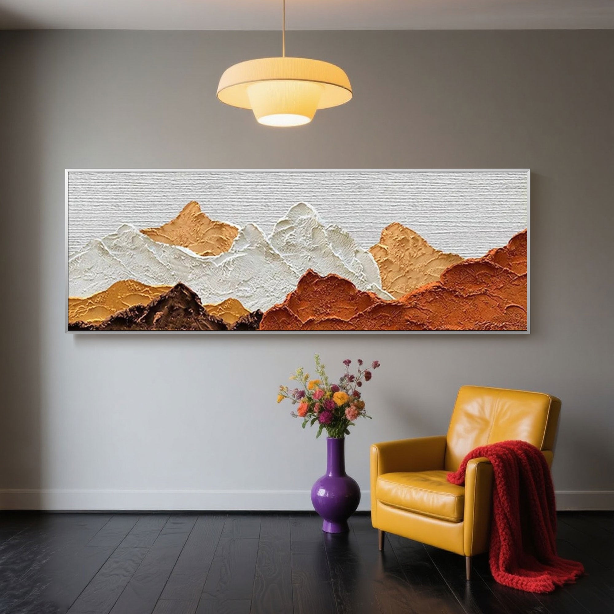 Warm tone mountain scape painting with textured details.